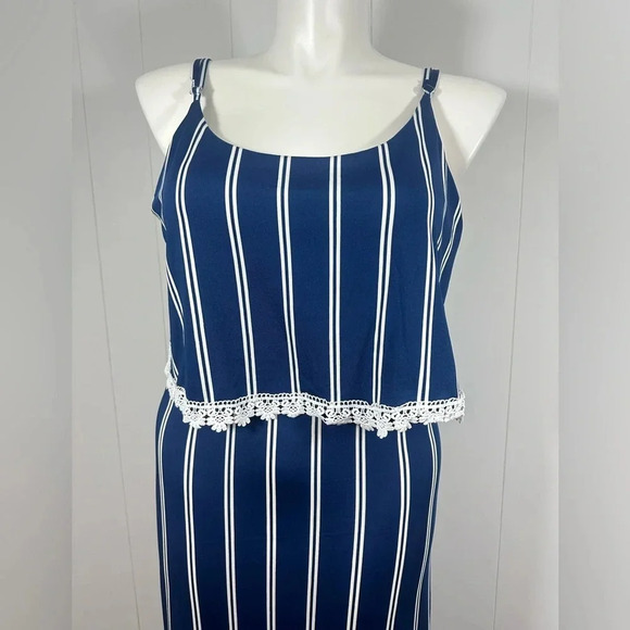 NEW Rouge Collection 1X Navy Striped Stretch Lightweight Maxi Dress Ruffle Front - Picture 2 of 13